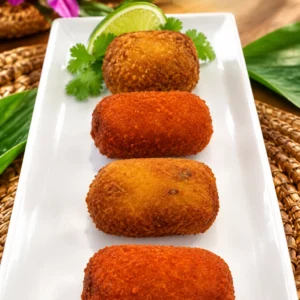 Thaise kroketten met rode curry kip en krapouw op een wit bord