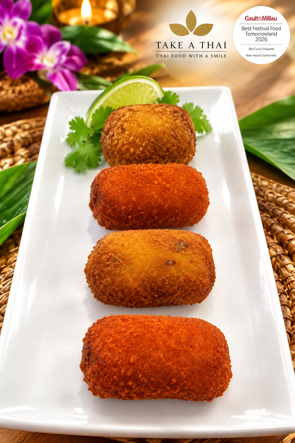 Take_a_Thai_Red_Curry_Croquette Thaise kroketten met rode curry kip en krapouw op een wit bord